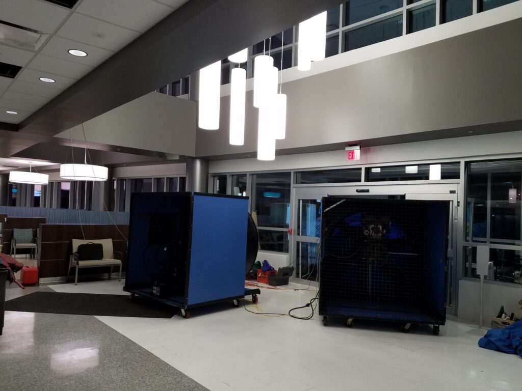Two G54 blower door systems used to test the air barrier of a very large building.