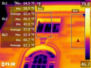 Infrared camera image of municipal building exterior.