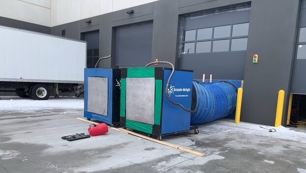 Commercial Blower Door Testing In-Progress In Commercial Garage