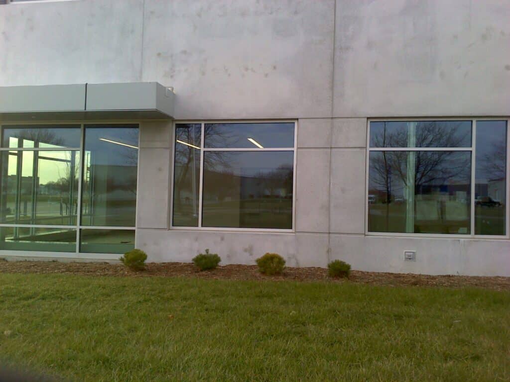 Wall assembly and fenestration of an office building.