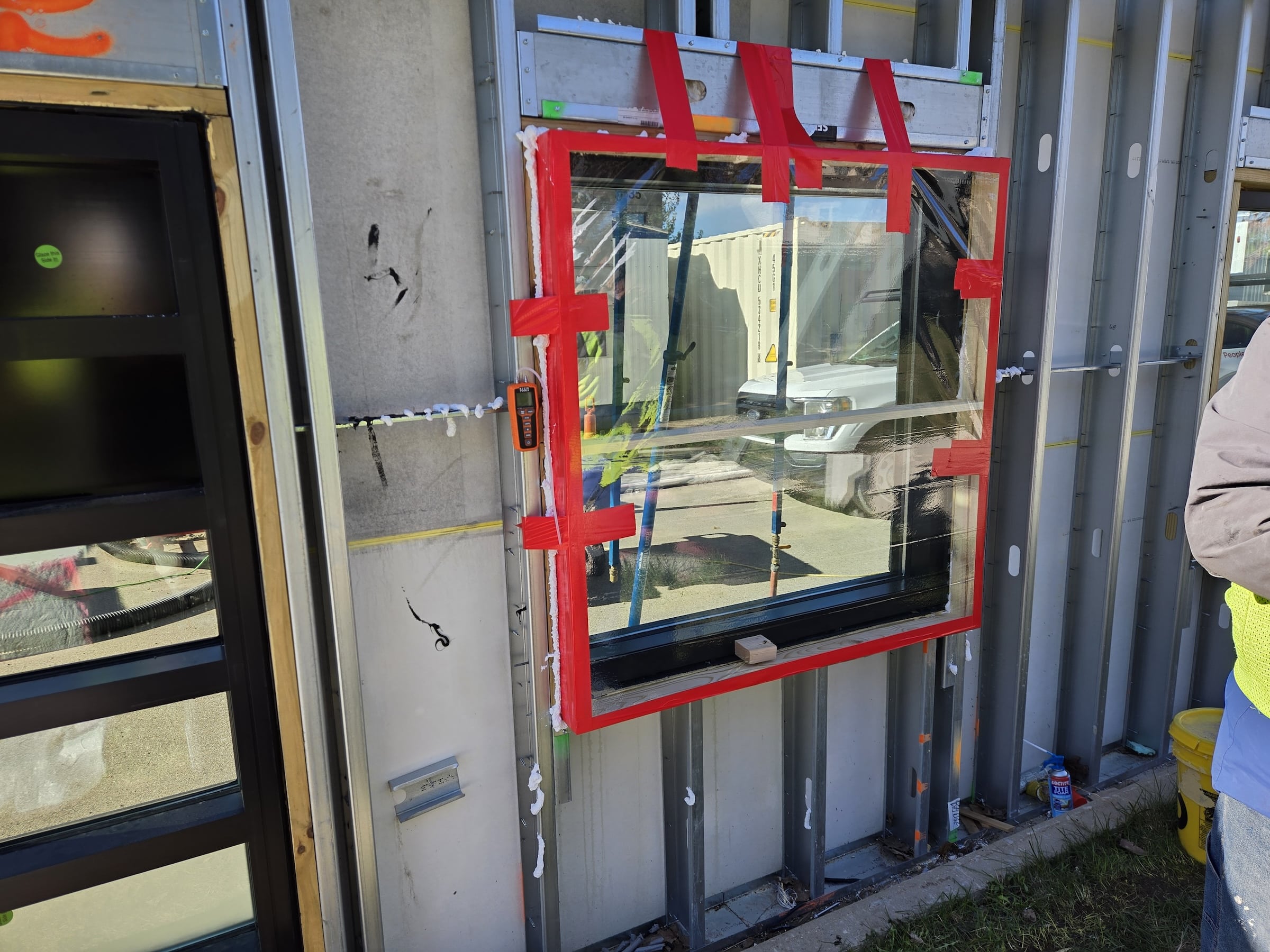 Interior wall assembly and window prepped for testing.